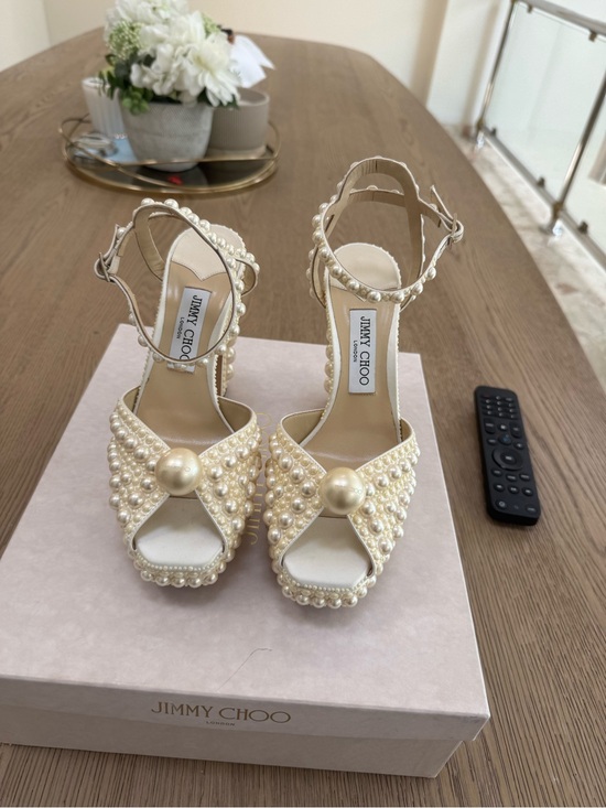 Jimmy Choo Shoes - Jimmy Choo Pearl-Embellished Ivory Platform Sandals